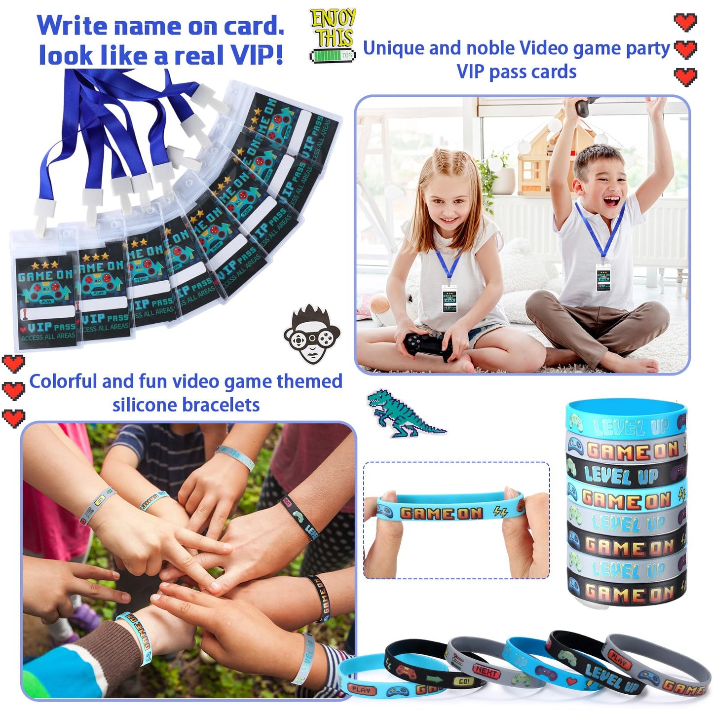 RoundFunny 266 Pcs Video Game Party Favors Gamer Birthday Supplies Included Game Console Handle Keychain,Cards with Card Holders