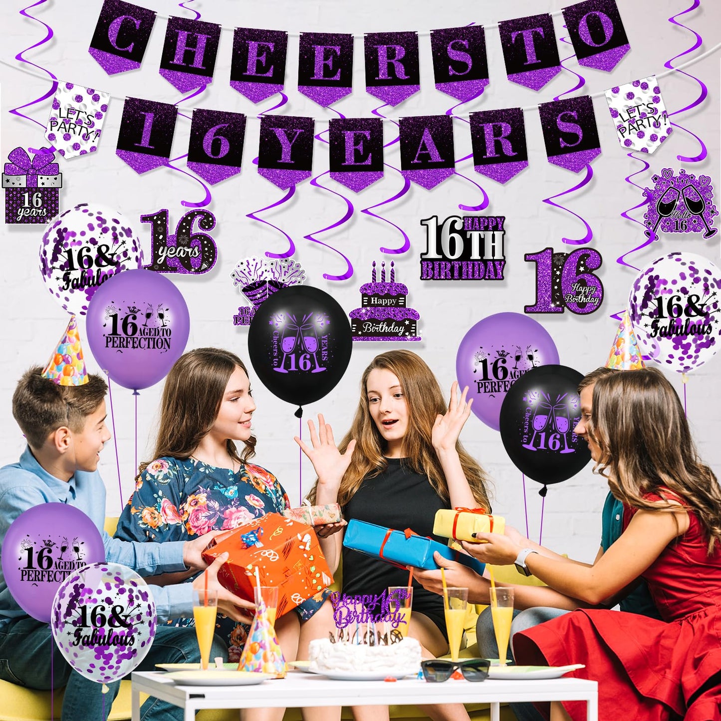 Purple 16Th Birthday Decorations For Girls Boys Purple Black 16Th Birthday Banner Hanging Swirls 16Th Birthday Balloons Happy 16Th Birthday Cake Topper For Purple Cheer To 16 Years Party Supplies