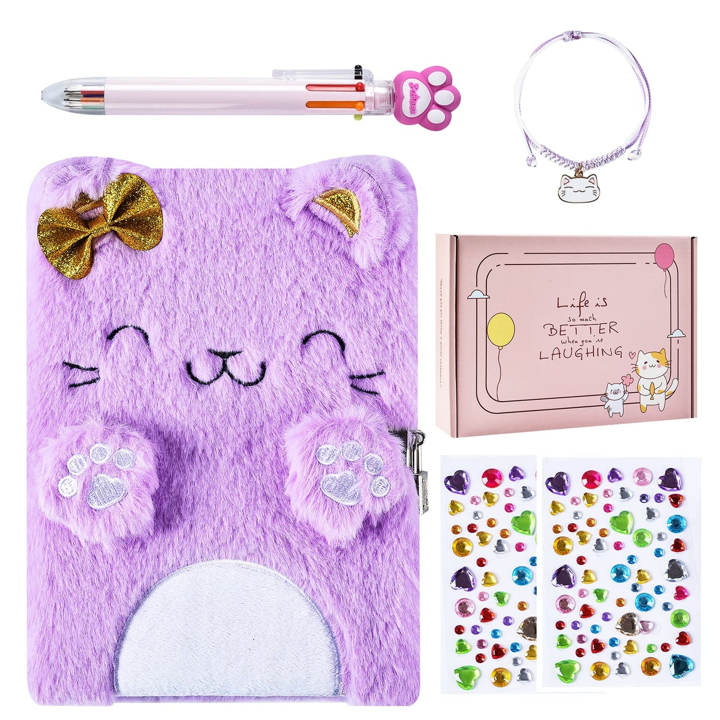 Pjdrllc Diary For Girls With Lock And Keys, Kids Journal Travel Notebook For Writing, Cute Secret Diary With Multicolored Pen, Stickers, Bracelet, Practical Gift For Birthday, Easter (A Cute Cat)