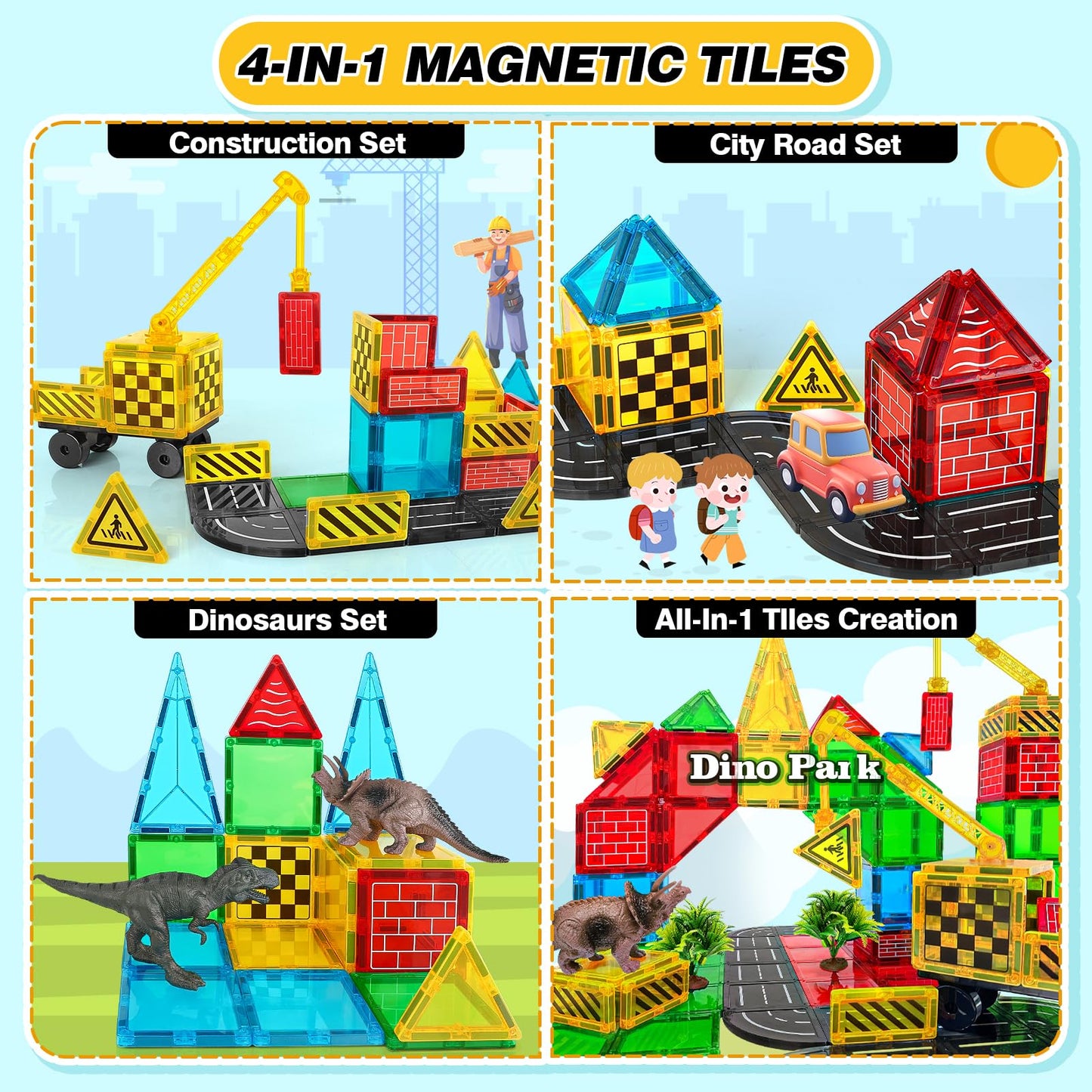 Magnetic Tiles Road Building Blocks - Magnet Crane Car Set For Kids Ages 3-5 4-8 5-7 Preschool City Construction Kids Games Dino