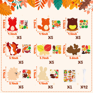 WATINC 123pcs Fall Craft Kits for Kids, Cute Animals Hanging Ornaments DIY Maple Leave Sticker Crafts with String, Fall Autumn T