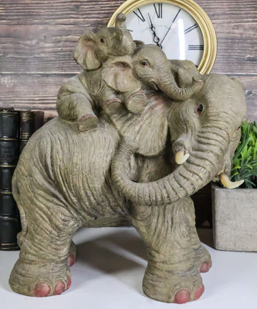 Ebros Wildlife Elephant Father And 2 Calves On Piggyback Playing Statue 10.5' Tall Resin Safari Elephants Family Figurine Sculpture Decor Gifts