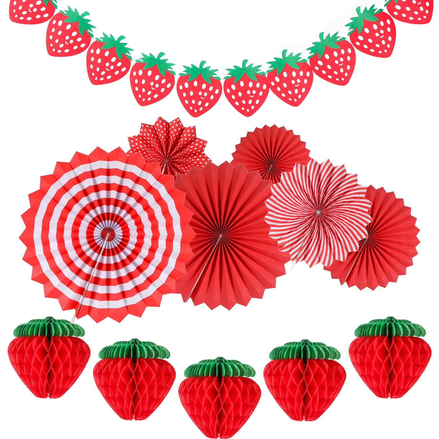 Outus 12 Pcs Strawberry Birthday Party Decorations Supplies Include 5 Strawberry Honeycomb Balls 1 Strawberry Garland 6 Paper Fans Decor Strawberry Themed Decorations For Birthday Party