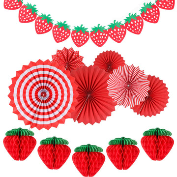 Outus 12 Pcs Strawberry Birthday Party Decorations Supplies Include 5 Strawberry Honeycomb Balls 1 Strawberry Garland 6 Paper Fans Decor Strawberry Themed Decorations For Birthday Party