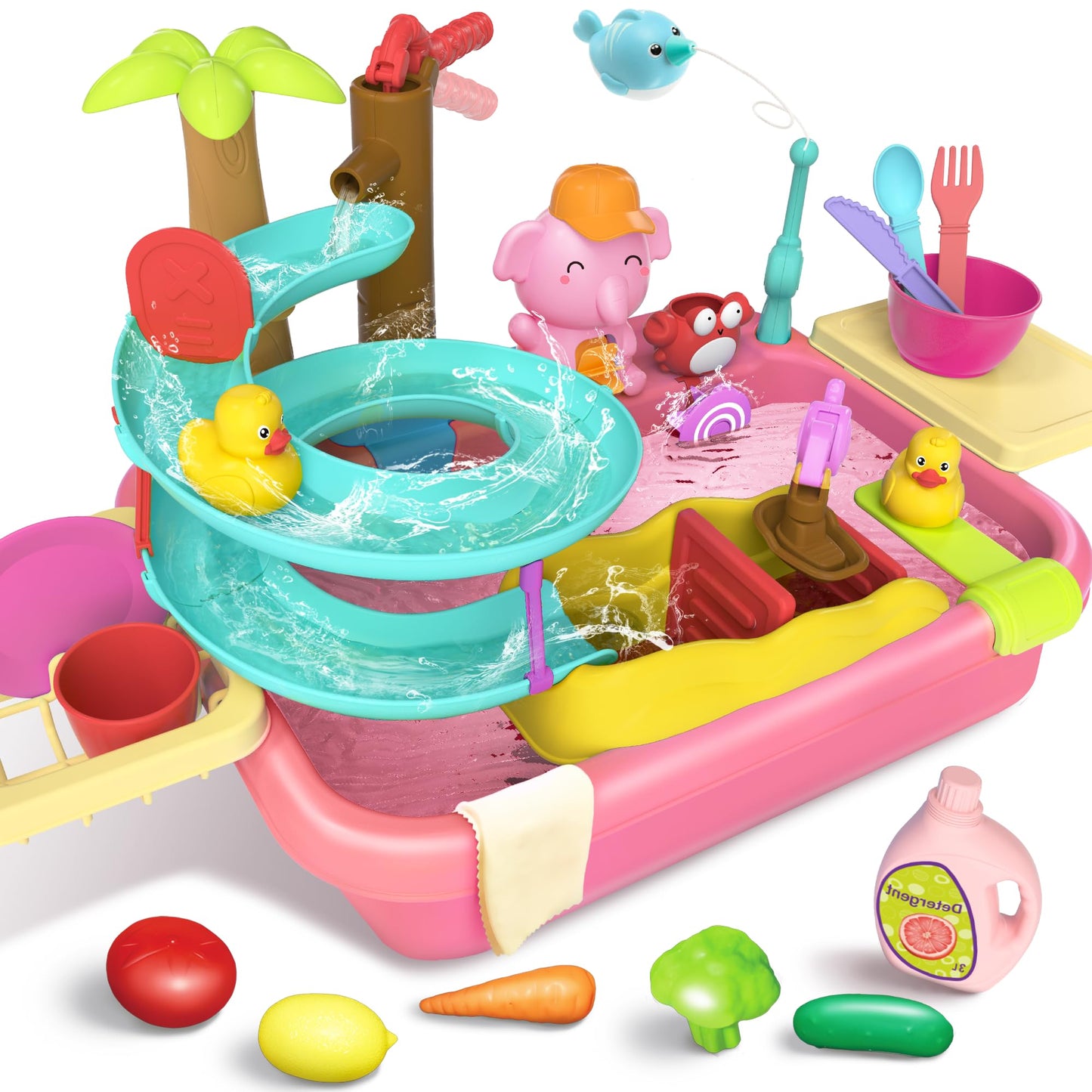 Play Sink With Running Water, 4-In-1 Water Table Toy With Slide Track, Magnetic Fishing Game Floating Toys For Water Play For Ki