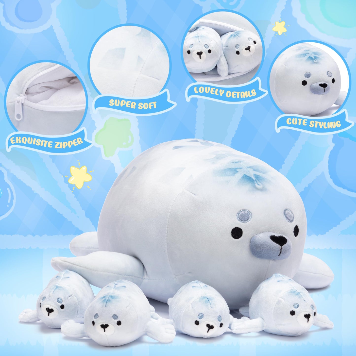 Ikasa Mommy Seal Stuffed Animal Mom And Baby Plush Toy, Cute 16'' Soft Small Mama Family Set Cuddly Toys With Little Mini Babies