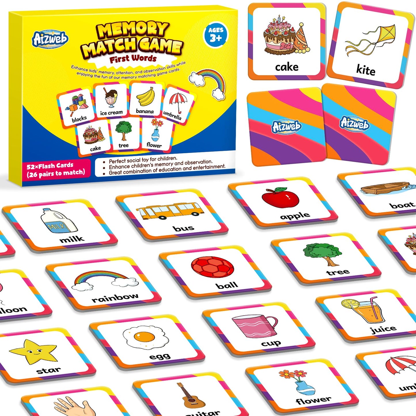 Aizweb First Words Match Game,Memory Game,52 Pcs Toddler Baby Flash Cards,Educational Toys For Pre K Preschool Kindergarten Learning Activities,Speech Therapy Materials Classroom Must Haves