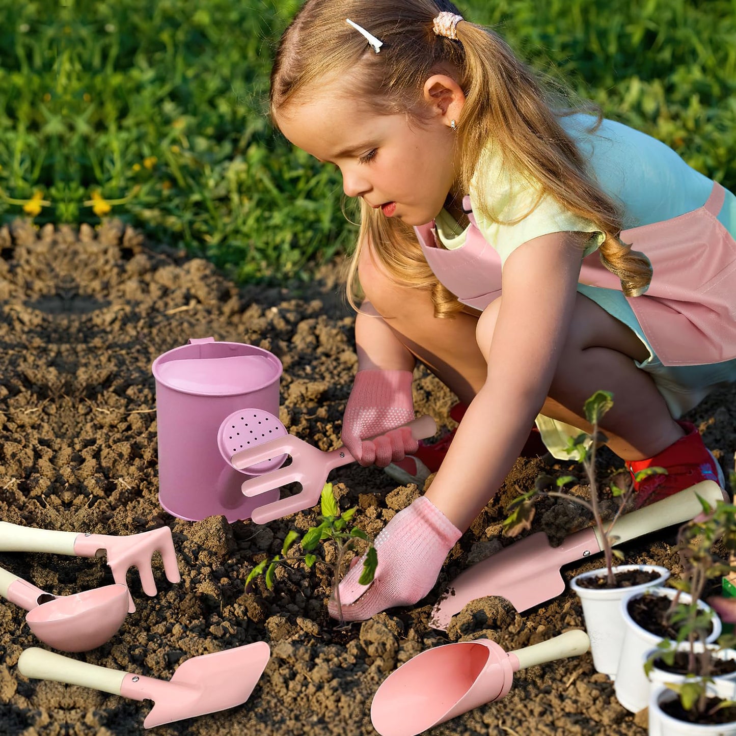 Qtioucp Kids Gardening Set 14Pcs Gardening Tools For Kids With Tote Bag,Watering Can, Shovel, Apron, Garden Book And More Educat