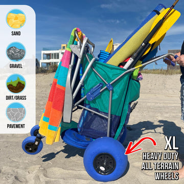 Rollx Beach Cart With 4 Balloon Wheels For Sand, Foldable Storage Wagon With Rear 13 Inch Beach Tires, Front 7 Inch Beach Tires