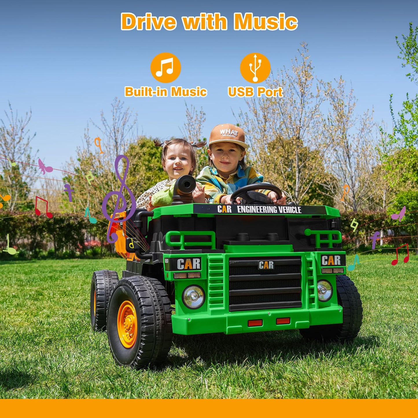 2-Seater Kids Ride On Toy Car Truck, 12V Electric Ride On Construction Vehicle For Boys, Remote Control, Key Start, Shovel, Dump