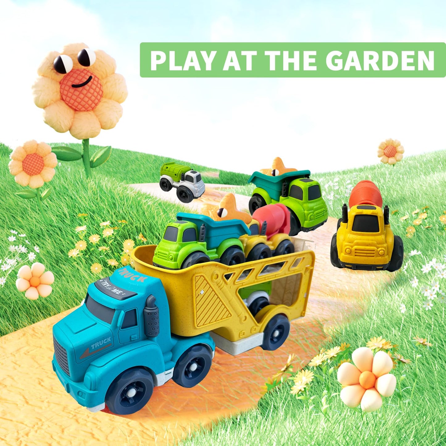 Aigitoy 4 in 1 Toddlers Truck Toys for 1 2 3 4 Year Old, Truck Toy Set Includes Dump Truck, Garbage Truck, Mixer Cement, No BPA,