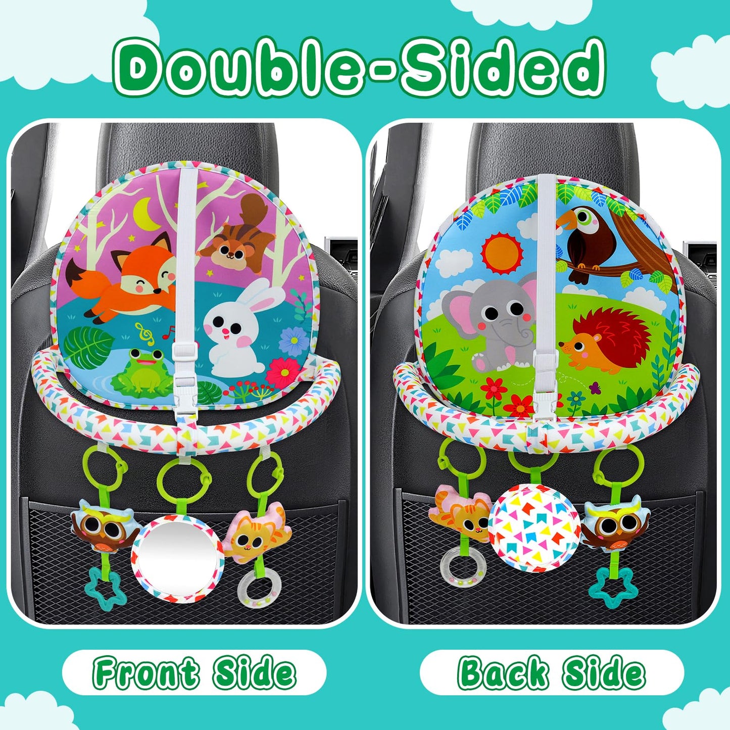 Okooko Car Seat Toy Rear Facing Car Seat Toy Baby Travel Toy Double-Sided With Baby Mirror Plush Toys Rattle Teether Thickened Pad Adjustable Sensory Toy For Newborn Baby Infant