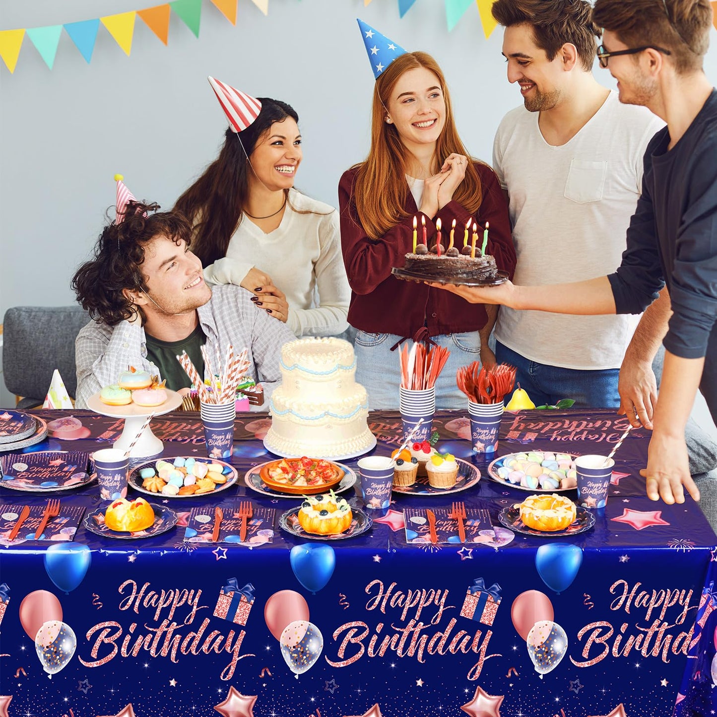 Norme 176 Pcs Navy Blue and Rose Gold Birthday Tableware Set Birthday Decoration Includes Tablecloth Paper Plates Napkins Paper