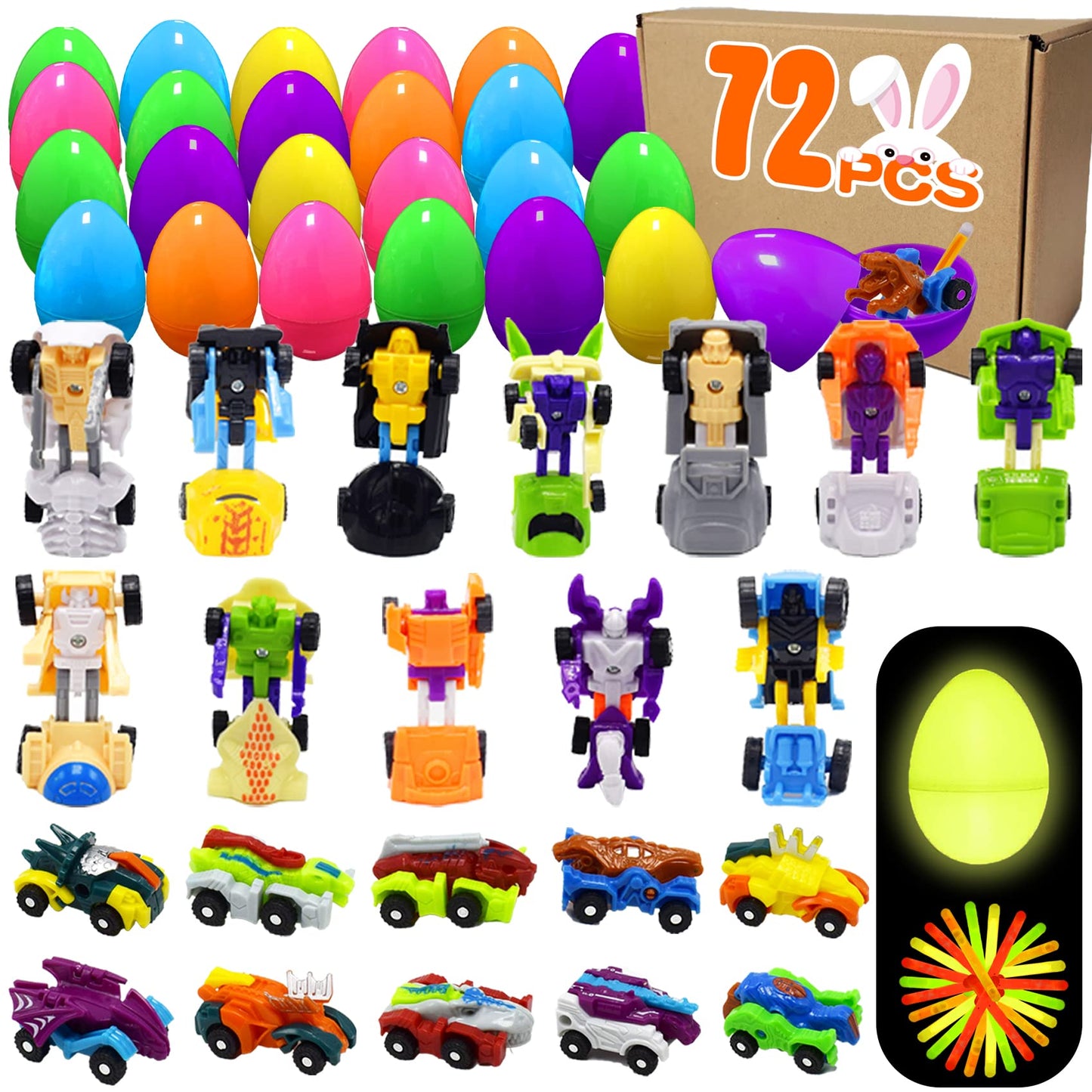 Nmks 72 Pcs Easter Egg Fillers With Transformer Toys Inside, Toys For Ages 5-7 4-8 8-13 Easter Basket Stuffers Fillers With Glow
