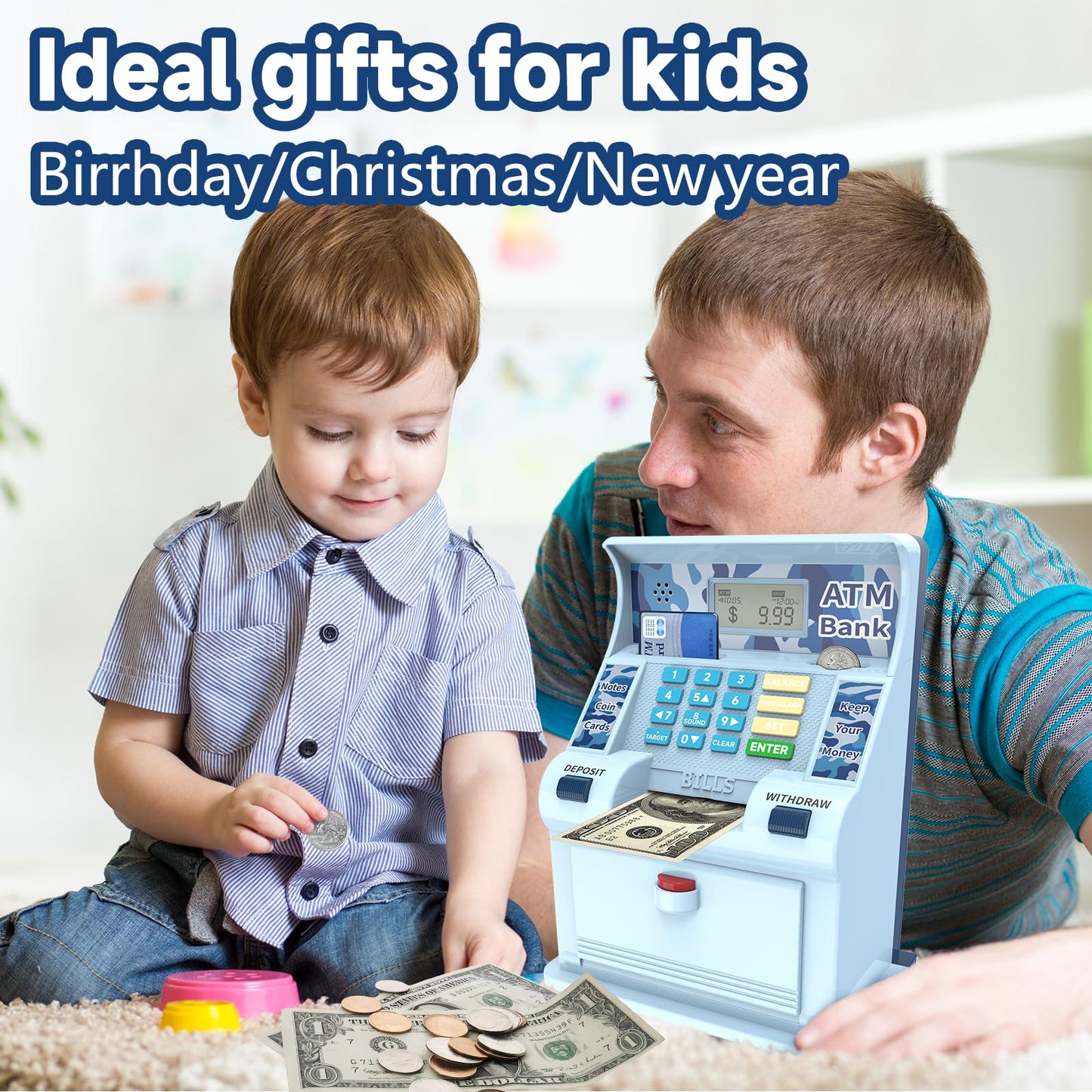 Electronic Piggy Bank For Kids Large Size Upgrade, Kids Banks For Real Money, Cash Coin Can Atm Bank, Toys For Ages 6-13 Piggy Bank,Christmas Idea Gifts (Blue Camo, Large)