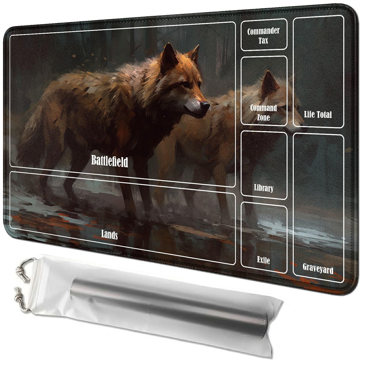 Rwutytiul Two Wolves Card Playmat 24 X 14 Inch With Tube Bag, Card Gameplay Playmat With Zones Commander Deck Board Mtg Rpg Ccg
