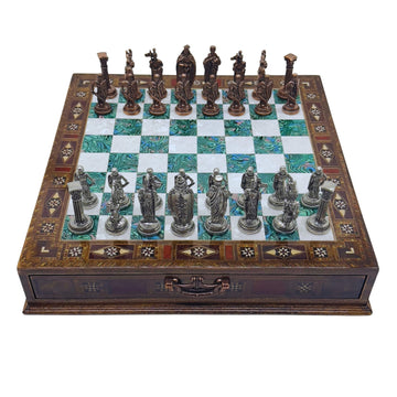 15 Handmade Chess Set With British Army Metal Chess Pieces, Luxury Storage Chess Board, For All Ages, Ideal For Father, (Green)