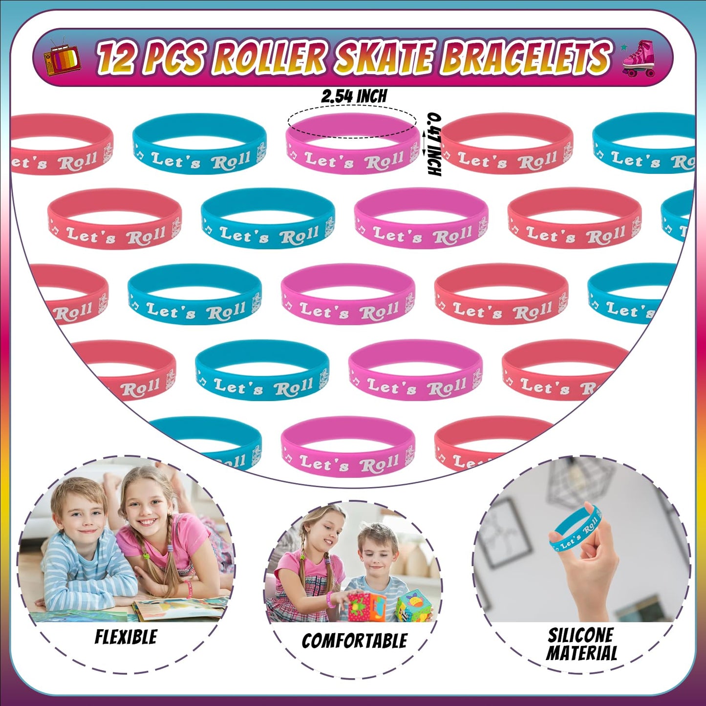 Joyvorite 134 Pcs Roller Skate Party Favors Set with Straws Keychains Slap Bracelet Tattoo Roller Skate Stickers Wristbands Good