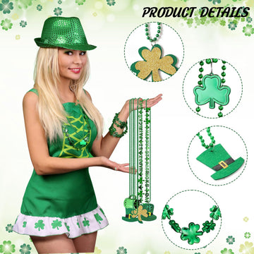 Elefama 74Pcs St Patricks Day Beads Necklaces Bulk With Shamrock Mug Hat Clover Pendant Green Beads Necklace St Patricks Day Acc