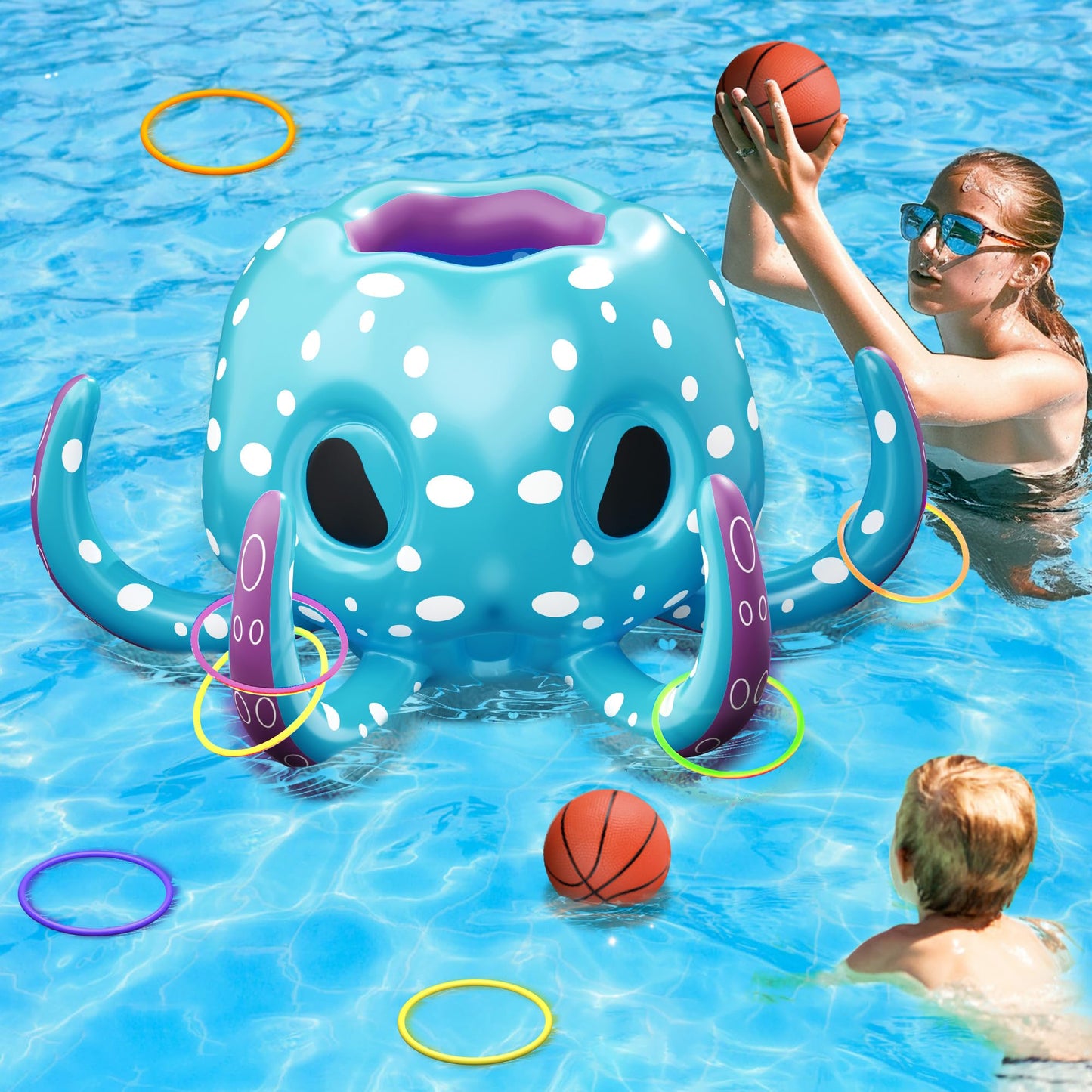 Iplay, Ilearn Pool Wave Kids Octopus Pool Toys, 2-In-1 Inflatable Float Water Game, Basketball Hoop Ring Toss Outdoor Swim Play, Cool Summer Family Party Gift 3 4 5 6 7 8 Year Old Boy Girl Child-Blue