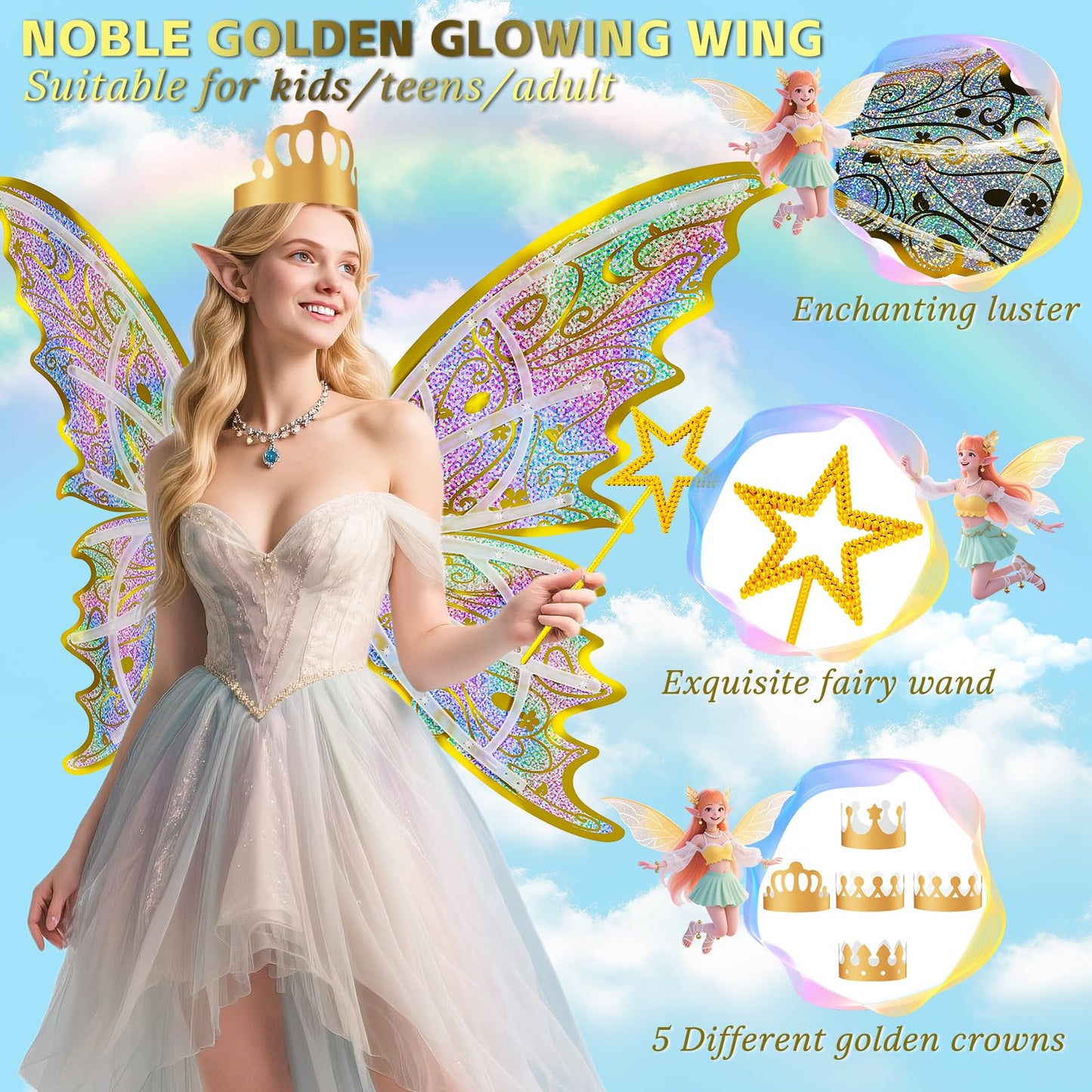 Maysida Gold Fairy Wings For Kids And Girls, Light-Up Electric Sparkling Wings Princess Halloween Set With Wand, Crown, Butterfl