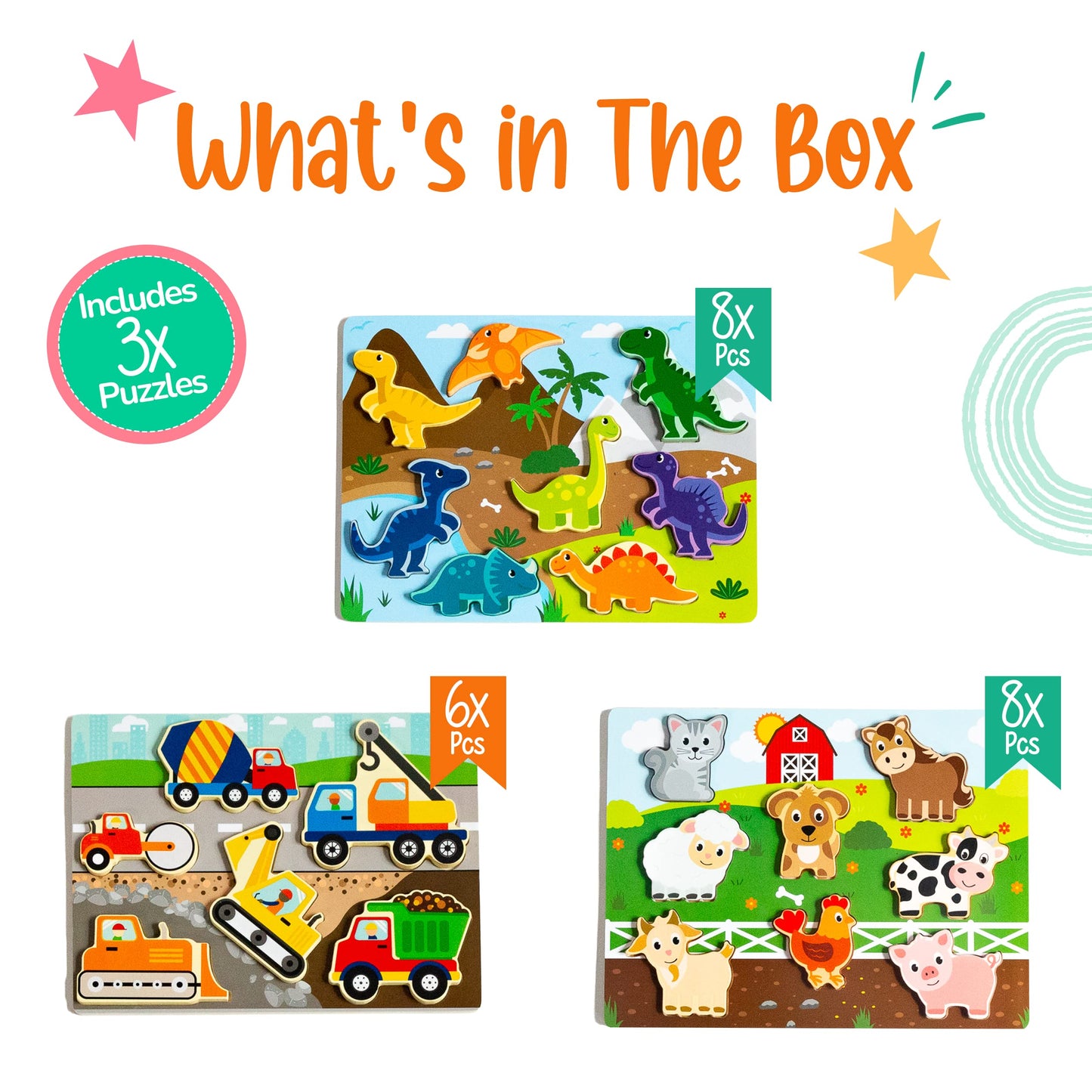 Klevly Large 3 Pk Wooden Toddler Puzzles Ages 2-4 | Wooden Puzzles For Toddlers 1-3 | Montessori Toys For 2 Year Old | Toddler T