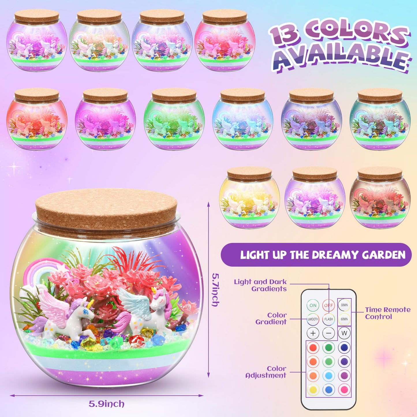 Kaivee 2 Theme In 1 Jar Light Up Unicorn Terrarium Kit & Night Light Fairy Terrarium Kit Creativity Diy Aarts Crafts For Girls T