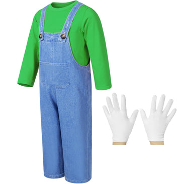 Mavoka Plumber Costume For Kids Shirt Overalls Glove Boys Halloween Party Cosplay 3-4T Green