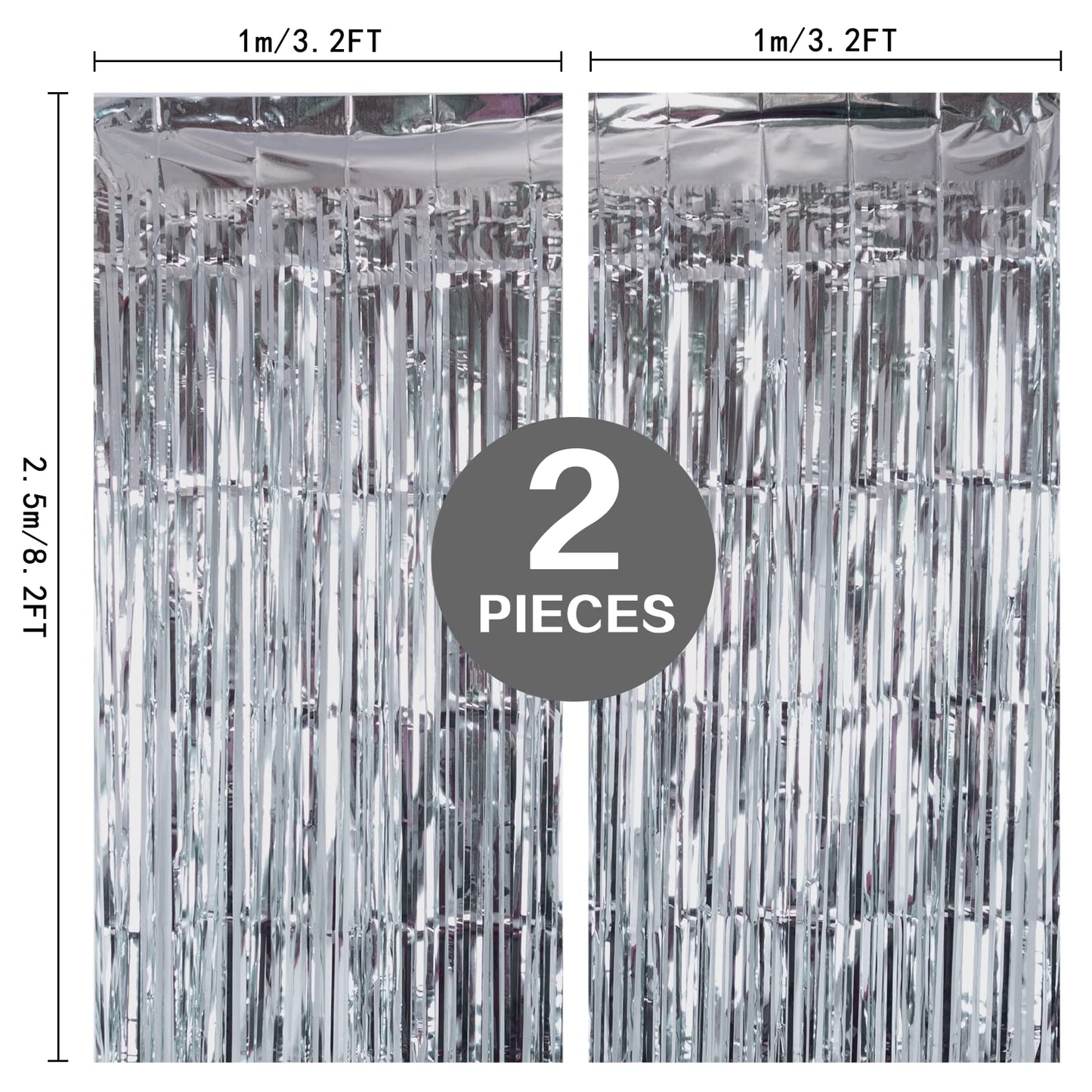 PIGETALE 2 Pack Silver Foil Fringe Curtain Backdrop, 3.2Ft x 8.2Ft Metallic Tinsel Foil Fringe Streamer Curtains for Party Photo