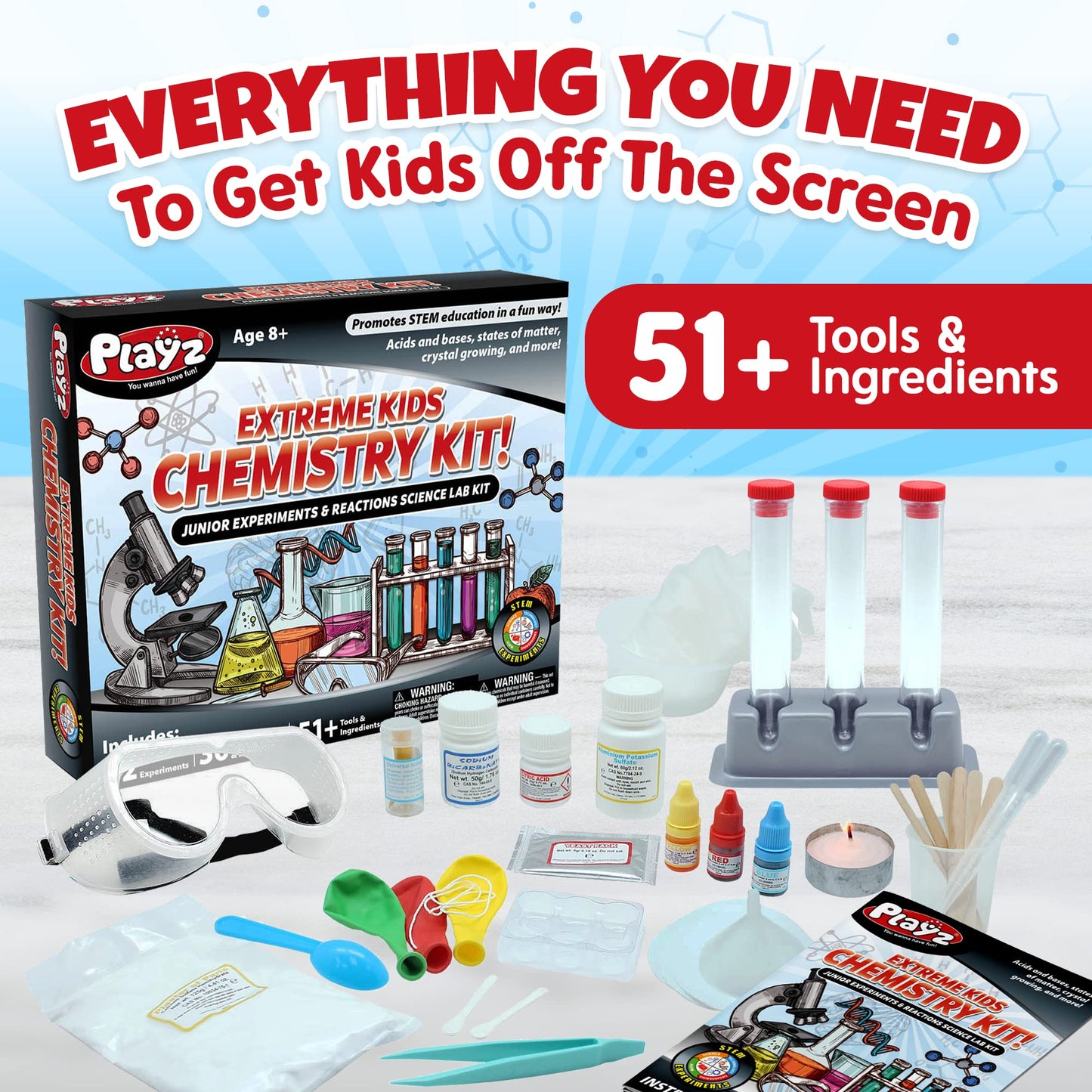 Playz 52 Extreme Kids Chemistry Experiments Set - Stem Activities & Science Kits For Kids Age 8-12 With 51+ Tools - Discovery Science Educational Toys & Gifts For Boys, Girls, Teenagers & Kids