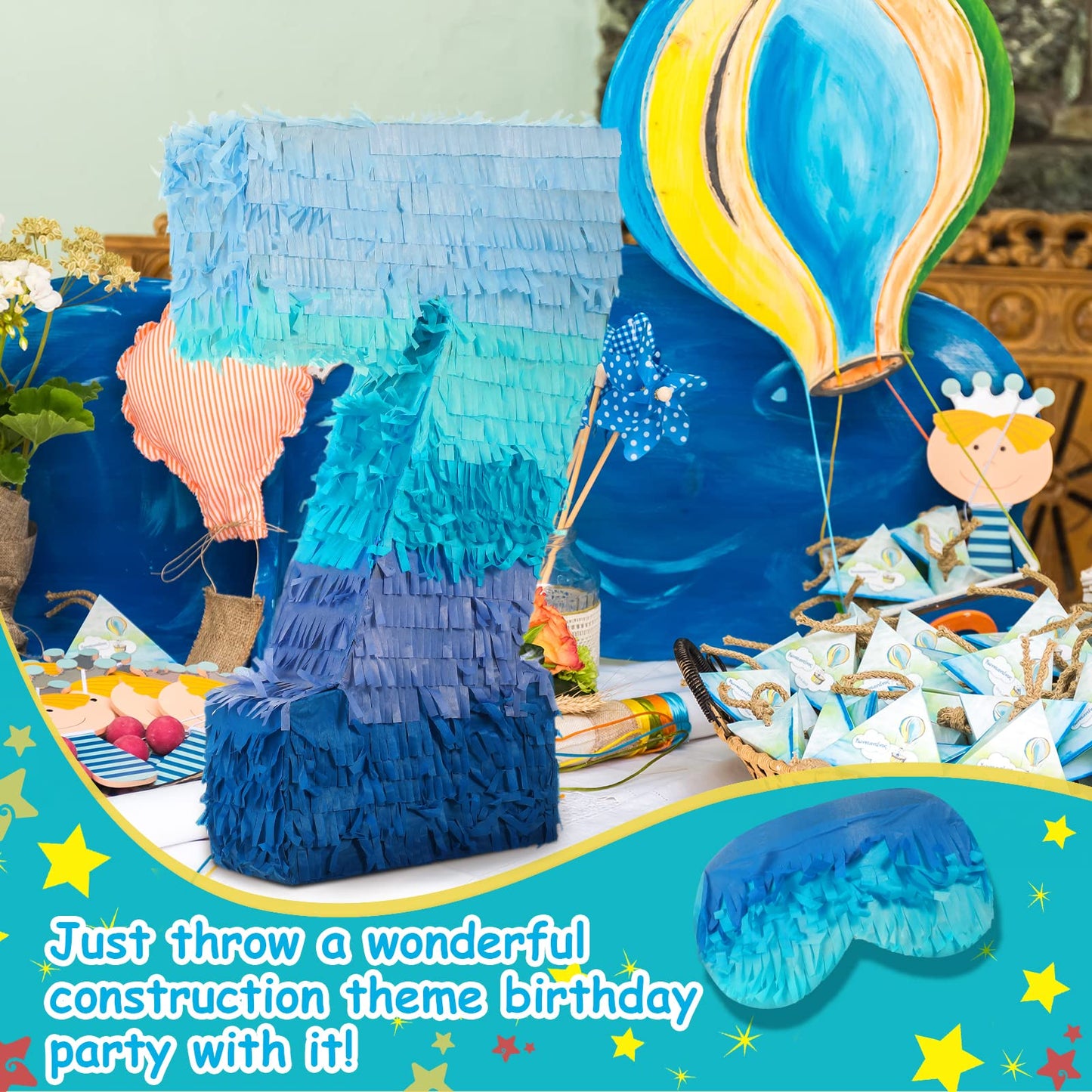 Number 1 2 3 4 5 6 7 8 9 Piñata With Stick Blindfold Confetti, Gradient Blue Piñata For Kids Birthday Party Large Blue Piñata For Boys Girls Birthday Anniversary Decoration Supplies(Number 7)
