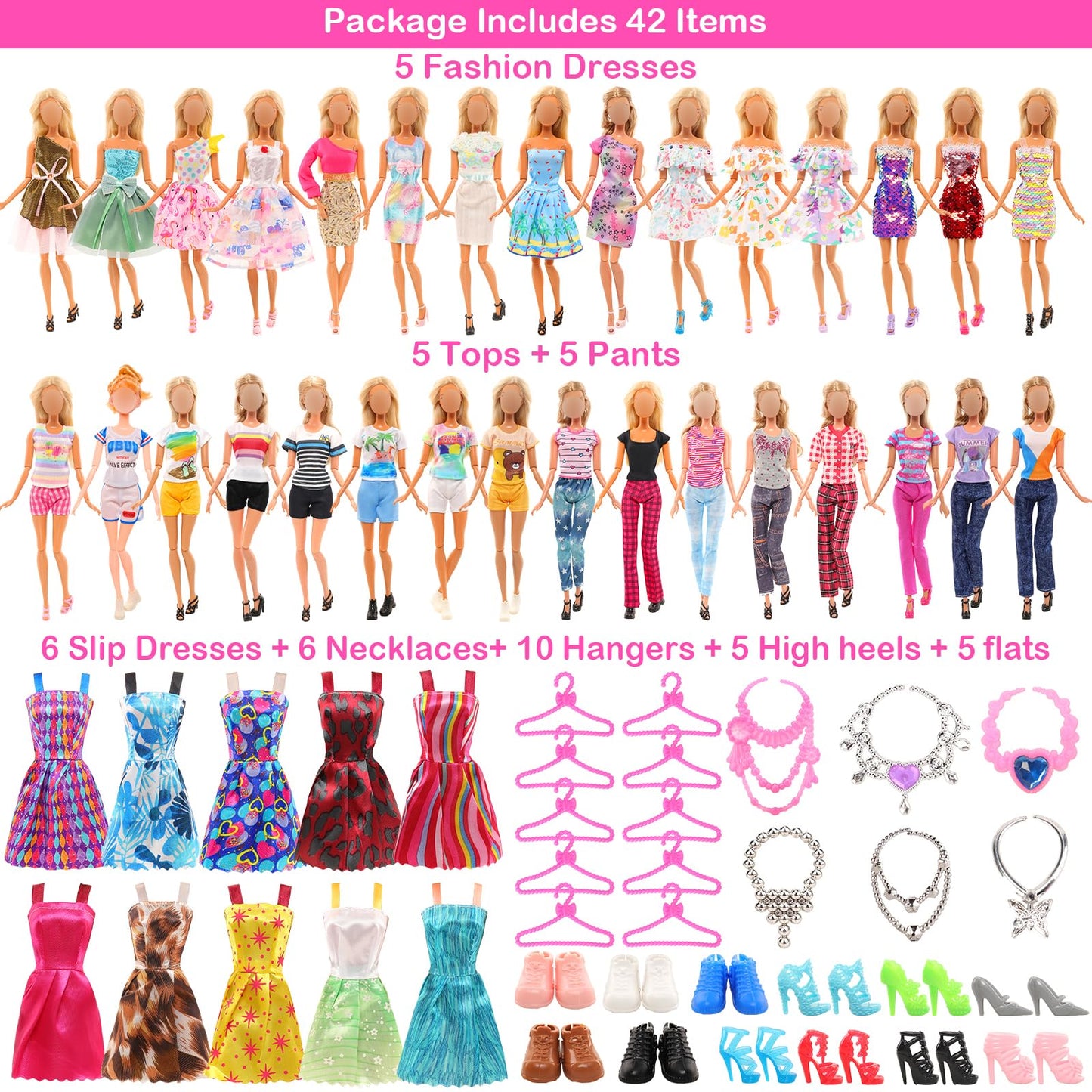 Barwa 42 Pack Doll Clothes And Accessories 5 Pcs Fashion Dresses 5 Tops 5 Pants Outfits 6 Pcs Mini Dresses 10 Shoes 6 Necklace 10 Hangers For 11.5 Inch Doll