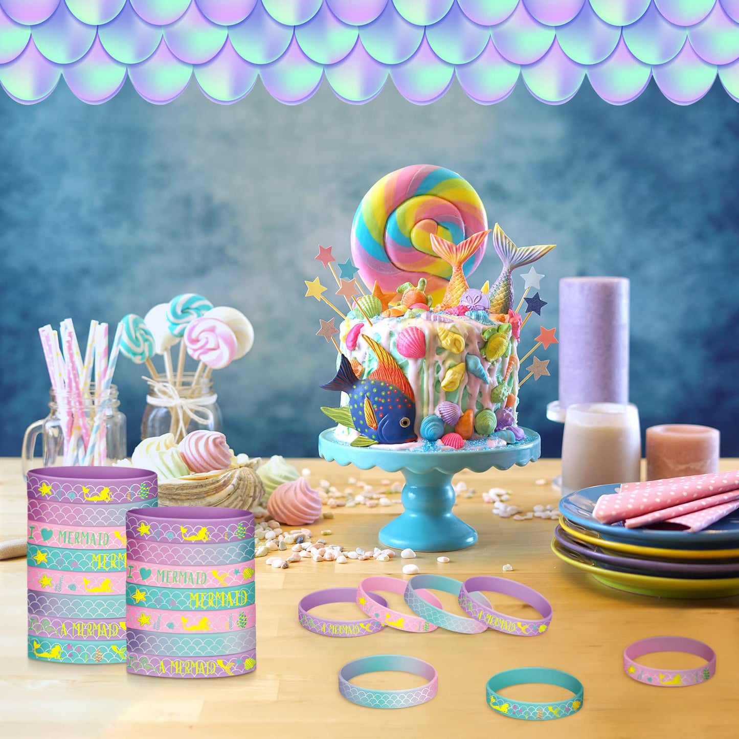 24 Pack Mermaid Silicone Wristband Mermaid Scale Bracelets I'm a Mermaid Wristband Mermaid Party Goody Bag Favors for Boys Girls