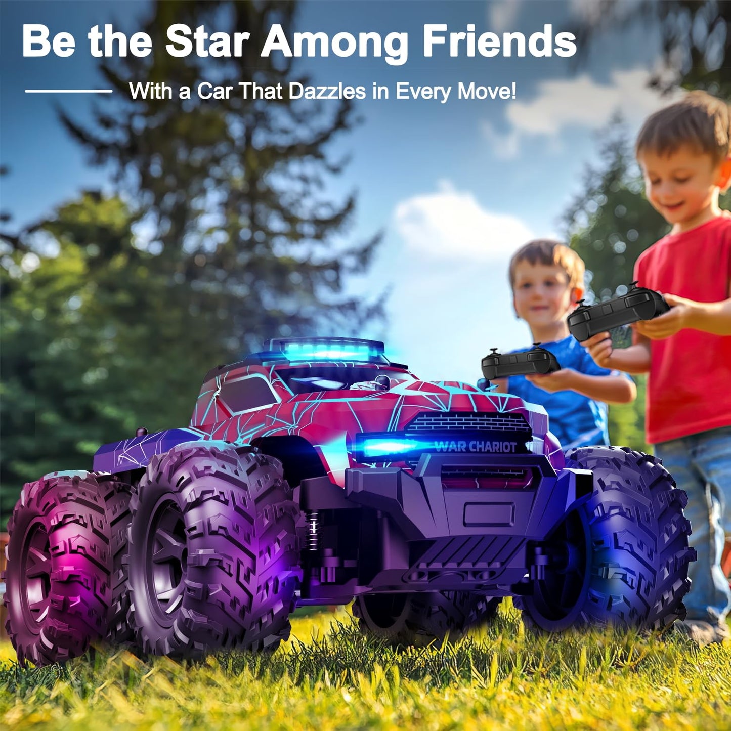 Remote Control Monster Truck All Terrain Rc Cars For Boy, 1:16 Scale Rc Truck With Colorful Led Lights & Spray, Kids Toys For Bo