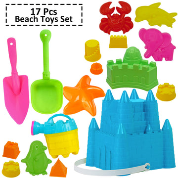 4E's Novelty Beach Toys for Kids with Bag (17 Pcs Set) Castle Beach Bucket with Shovels & Molds - Beach Toys for Kids 3-10, Sand