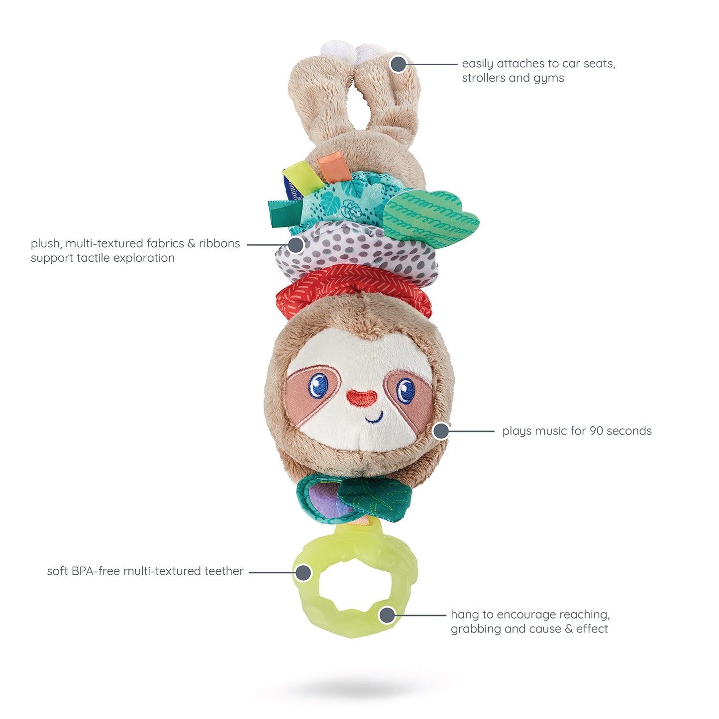 Infantino Music & Motion Pulldown Sloth - Musical Plush Sloth With Multi-Textured Teether For Tactile Exploration, Easily Attaches To Strollers And Gyms, Bpa-Free