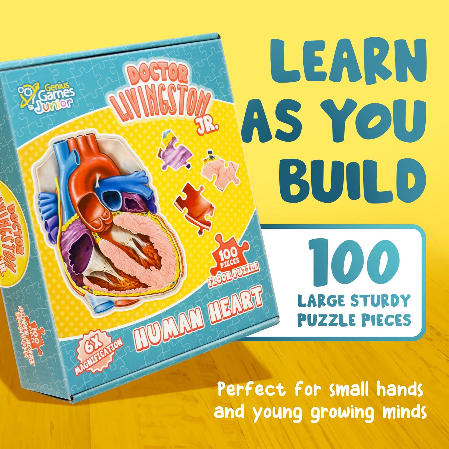 Human Heart Anatomy Floor Puzzle — Genius Games Doctor Livingston Jr Anatomy Toy - Kids Puzzles & Science Toys - Human Heart Anatomy Model - 100 Piece Jigsaw Puzzles For Kids, Toddlers, Teens