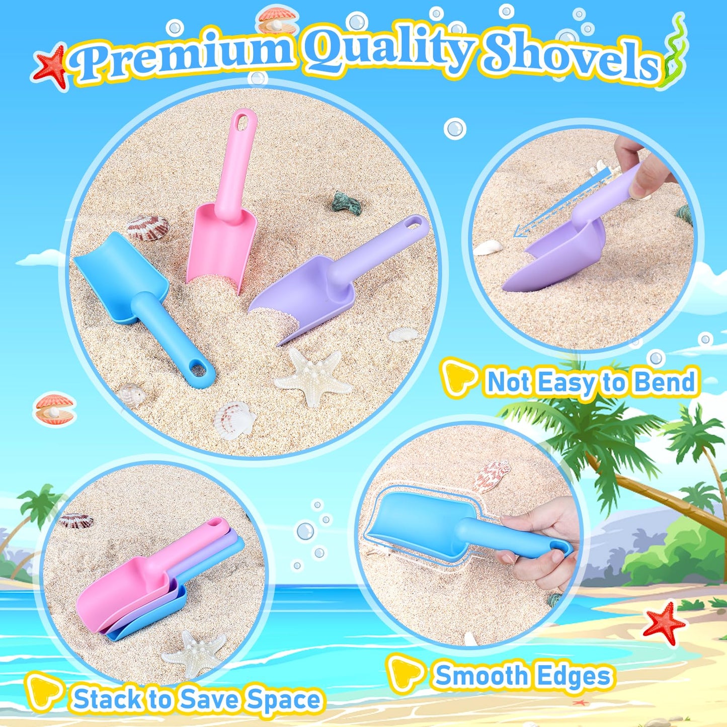 TSDATOWR Collapsible Beach Buckets for Kids, Foldable Sand Buckets and Shovels with Mesh Beach Bag, Silicone Beach Sand Pails fo