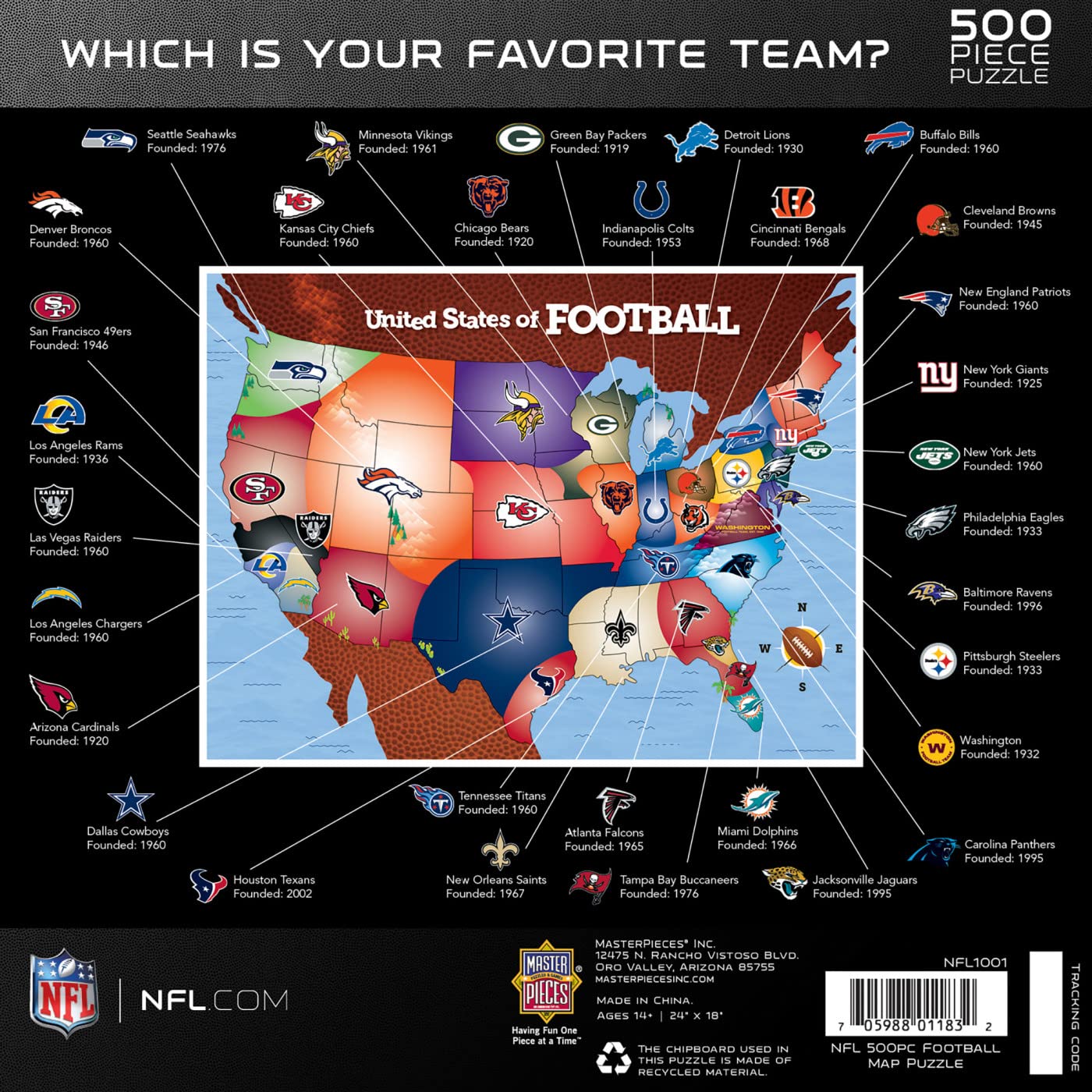 Masterpieces Nfl League Map Puzzle - 500-Piece Sports Puzzle For Adults - Officially Licensed Nfl Product