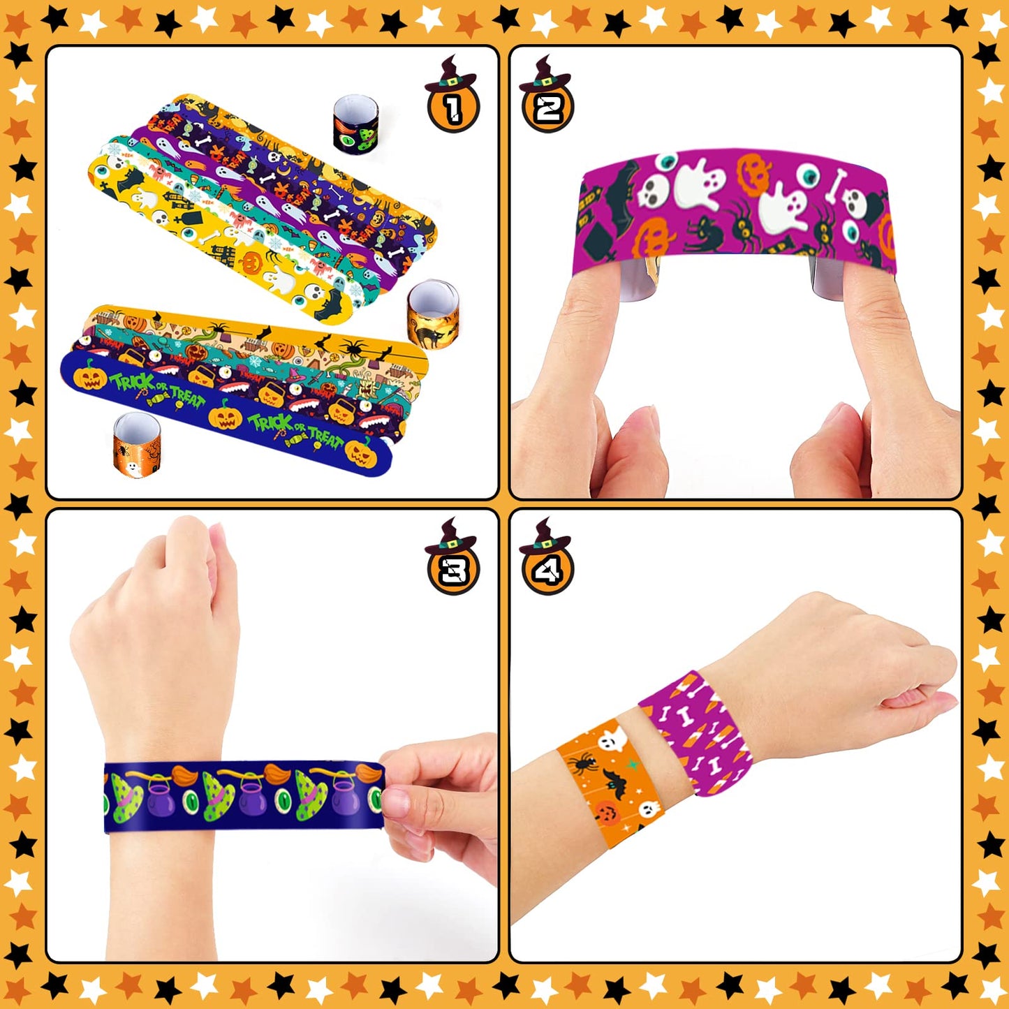 Halloween Slap Bracelets for Kids, 100 Halloween Bracelet Toys Bulk For Kids Girls Boys, Trick or Treat Party Favors, Classroom