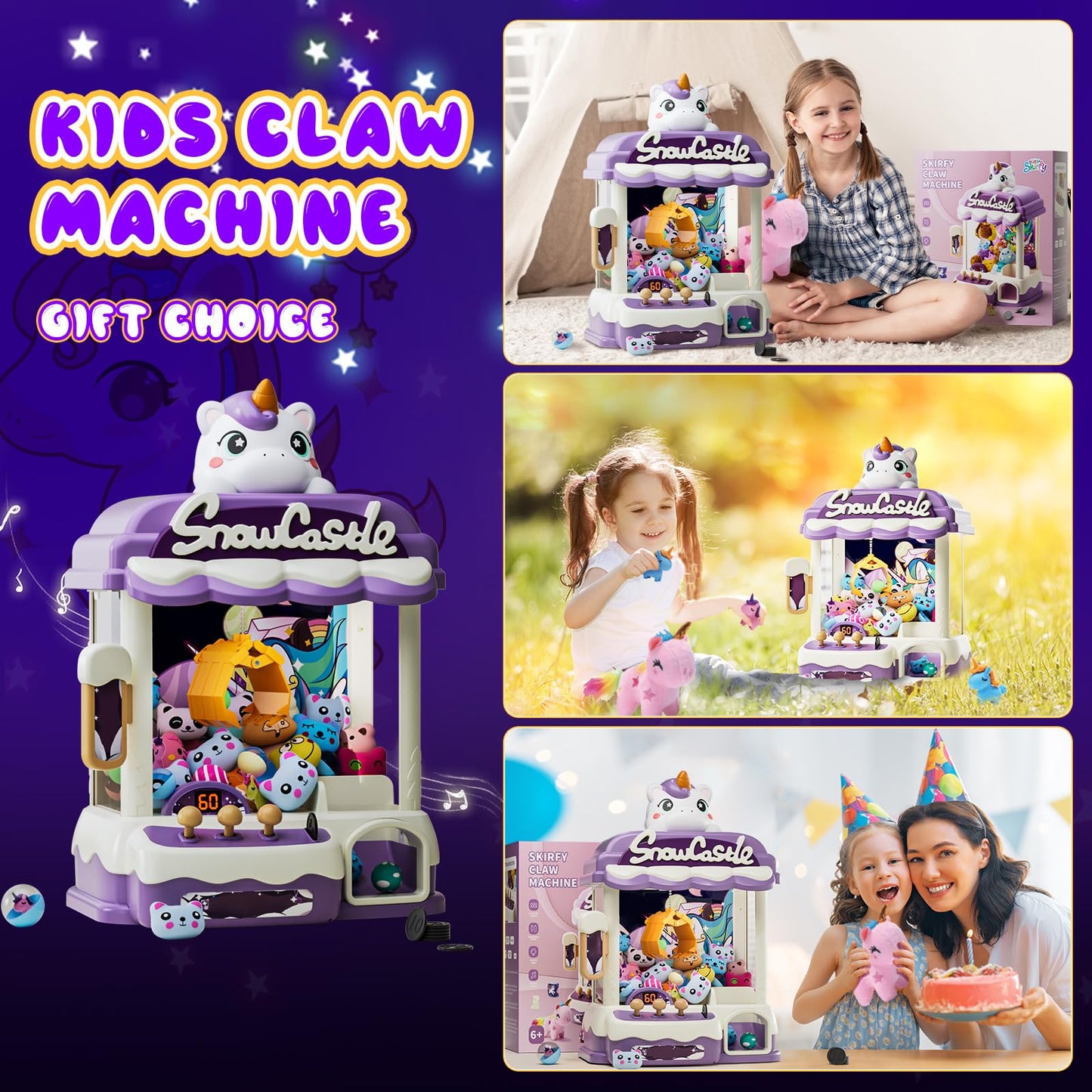 Skirfy Large Claw Machines For Kids,Unicorns Toys For Girls Age 6+,Candy Dispenser Arcade Games Mini Vending Toy With Slap Brace