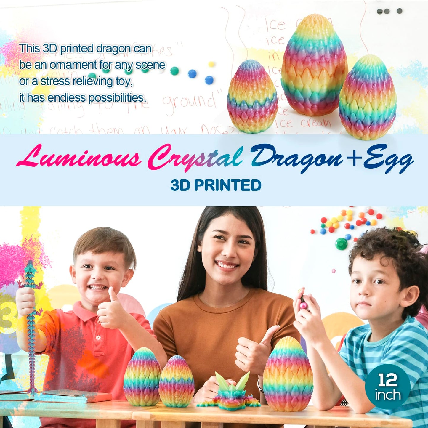 3D Printed Dragon,Dragon Eggs With Dragon Inside,Surprise Dragon Egg Toy,12'' Full Articulated Crystal 3D Dragonls