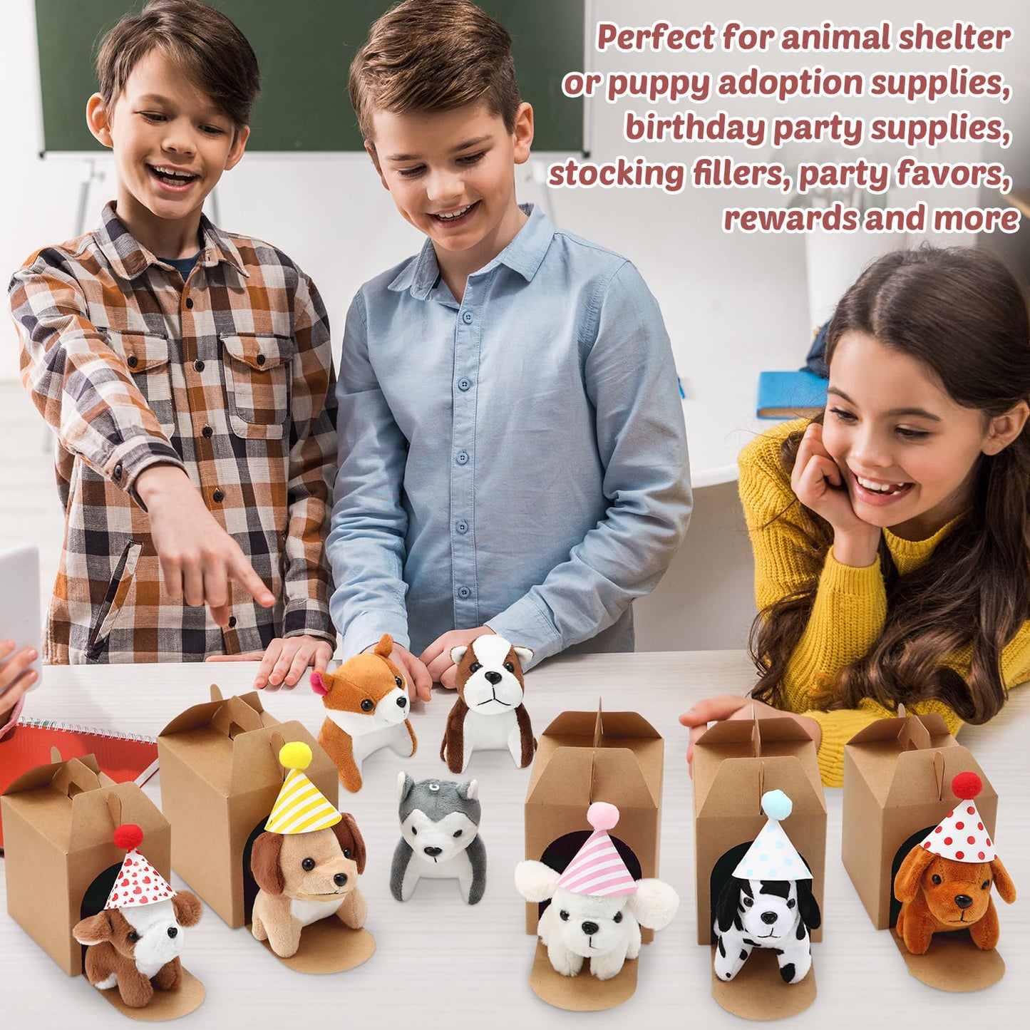 Motionchic 20 Pcs Mini Plush Toy Stuffed Animals Stuffed dogs Set with 20 Birthday Hats 20 Kraft Paper Boxes Adopt Pet Gift for mature-themed Animal Theme Birthday Party(Cute)