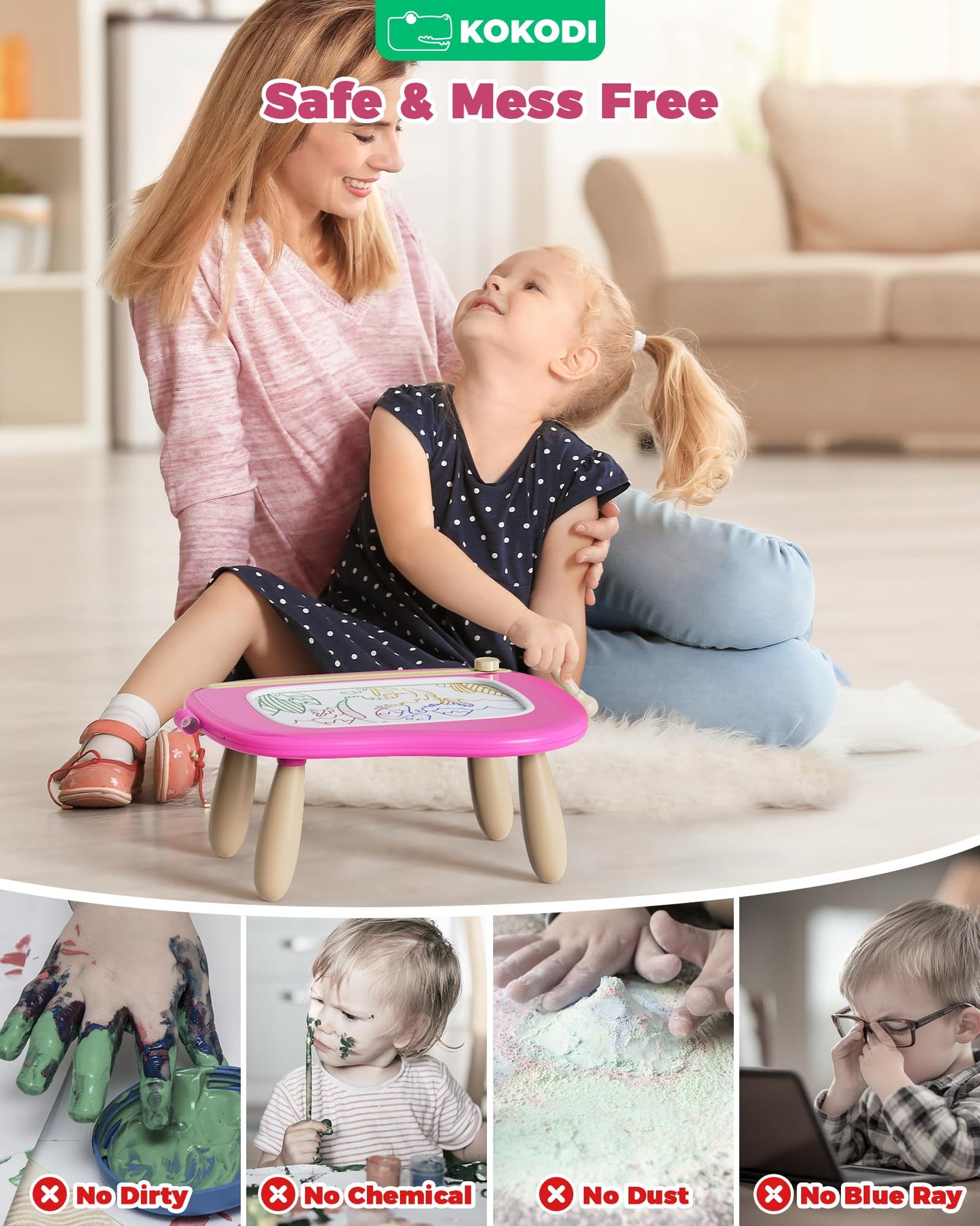 Kokodi Toys Gifts For 1 2 3 Years Old Girl, Sturdy Magnetic Drawing Board Sketch Doodle Pad, Educational Learning Birthday Easter Gifts Basket Stuffers For Kids Toddler - Left Hands Friendly (Rose)