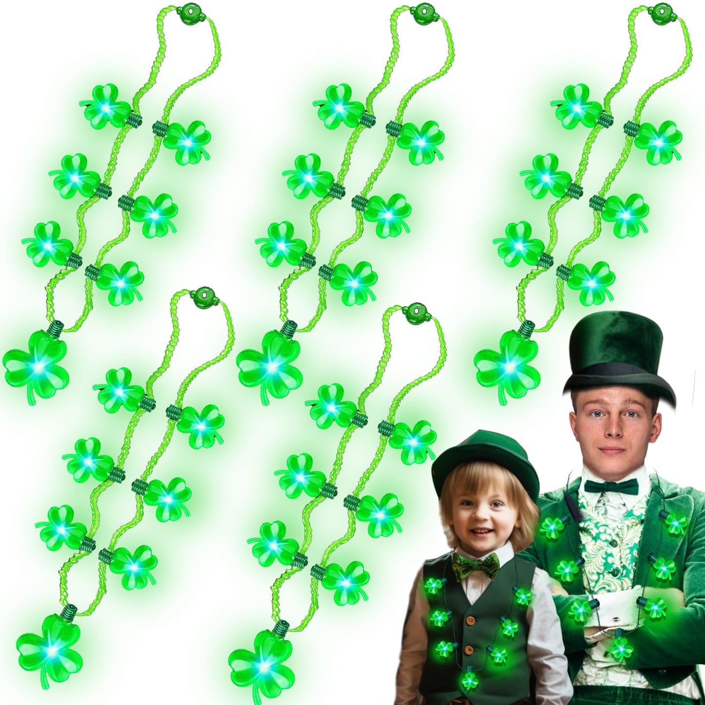 iGeeKid 5 Pack St. Patrick's Light Up Necklace Each 7 Shamrocks Bulb Light LED Green Shamrocks Necklaces St. Patrick's Day Party