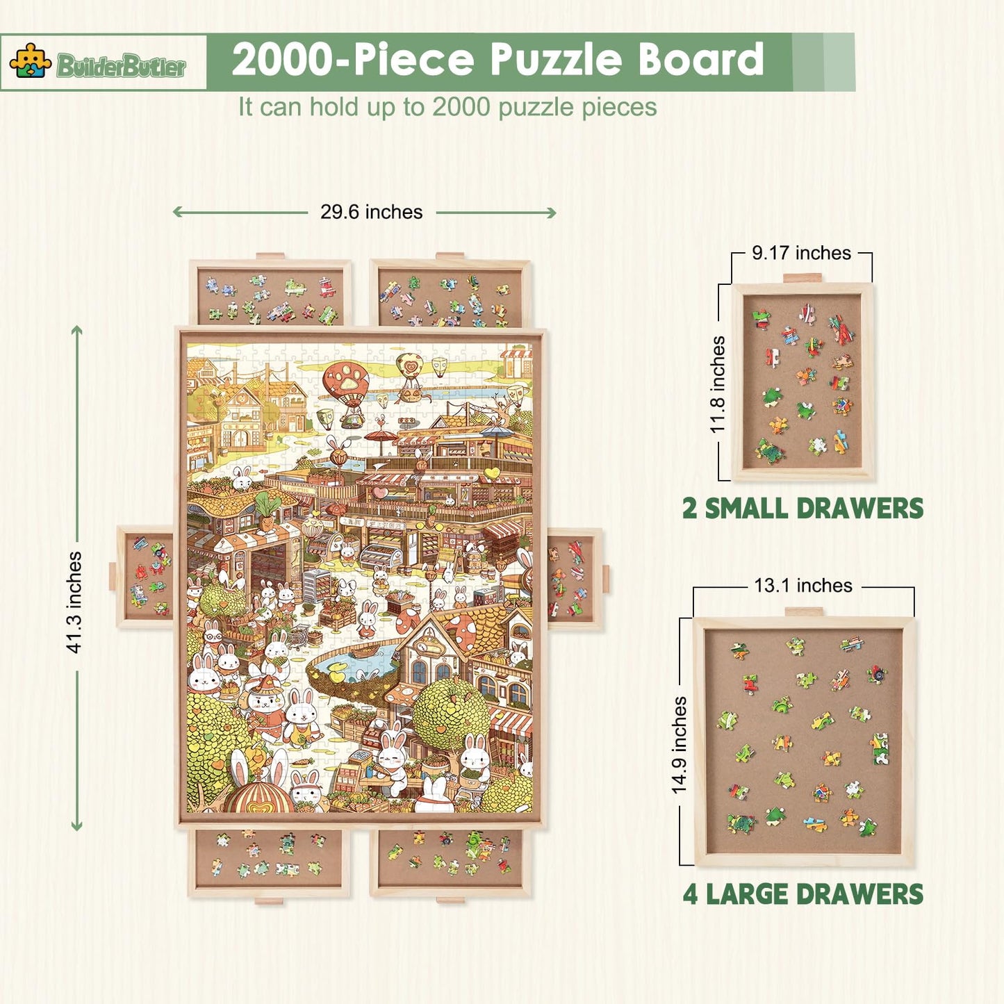 Builderbutler 2000 Pieces Rotating Puzzle Board With 6 Drawers,29.7''X41.3'' Portable Wooden Jigsaw Puzzle Table With Lazy Susan