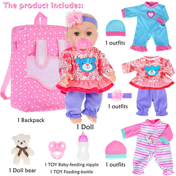 ebuddy 12 inch Baby Doll and Accessories-Reborn Baby Dolls Real Life Baby Dolls with 3 Sets Clothes,Backpack,Pacifier, Bottle