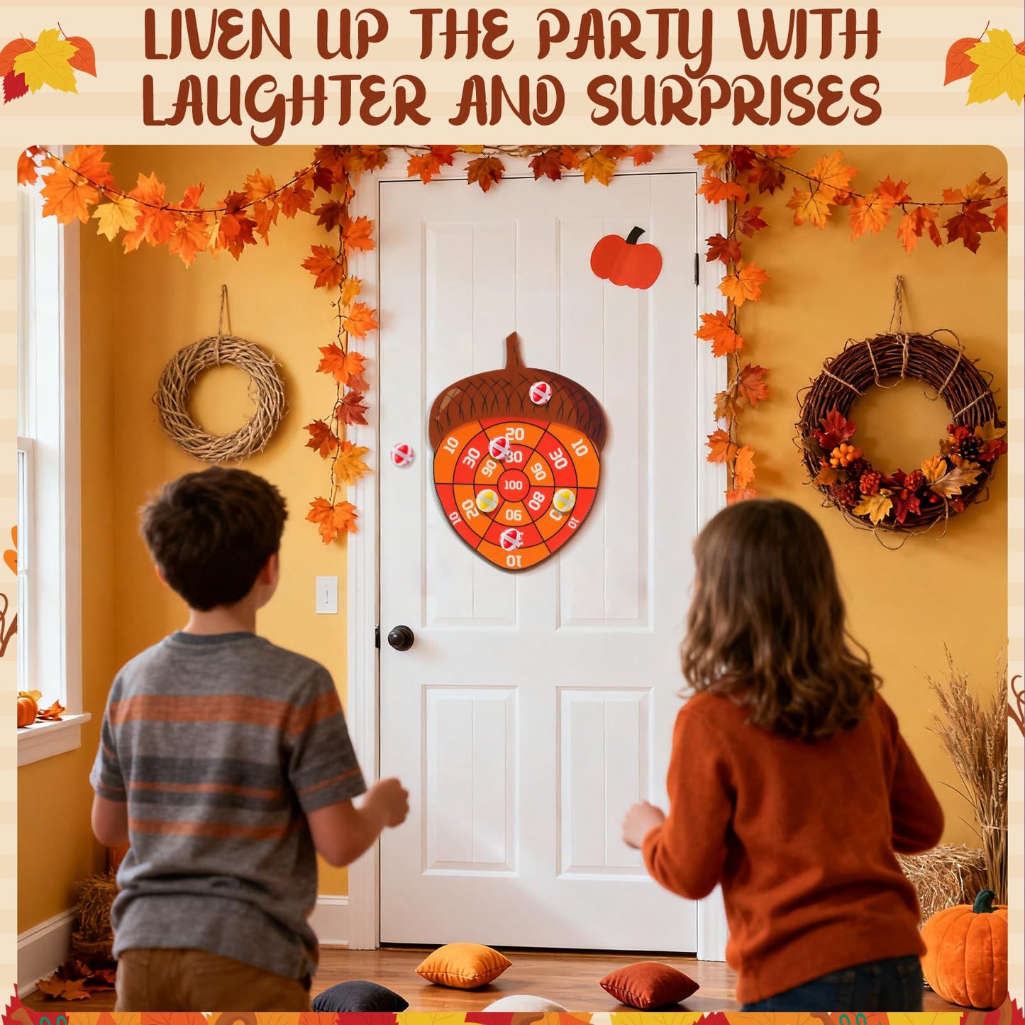 TEASIK Thanksgiving Acorn Dart Board - Fall Crafts for Kids Halloween & Thanksgiving Decorations with 10 Balls Autumn Party Wall Decor for Family Game Night (21.3x16.5 Inch)