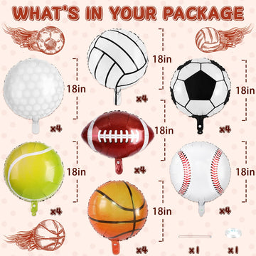 28 Pieces Sports Foil Balloon Set, Mylar Sports Balloons - 18 Inch Baseball Balloons Basketball Balloons Soccer Balloons Volleyb