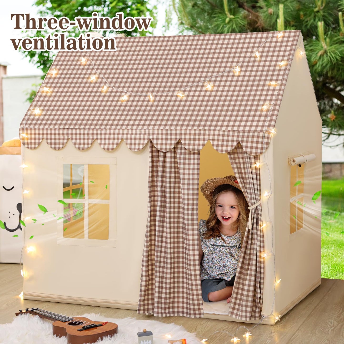 SweHouse Kids Play Tent with Star Lights - Brown & Cream Indoor Playhouse for Toddlers, Non-Slip Padded Mat - Perfect Birthday Gift